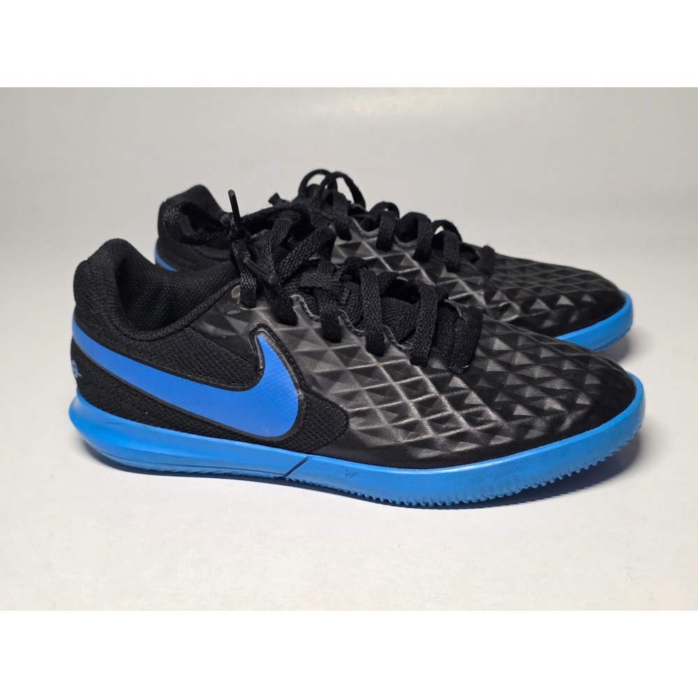 Nike Tiempo Youth Soccer Sneakers Size 2 Black Blue‎ Indoor Lace Up Shoes